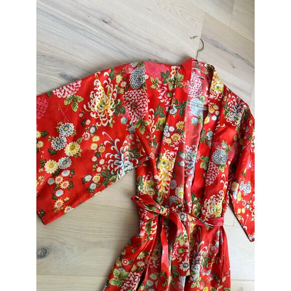 Vintage 70s Kimono Short Robe Orange floral Print Belted Pockets Loungewear Pool - Picture 6 of 8